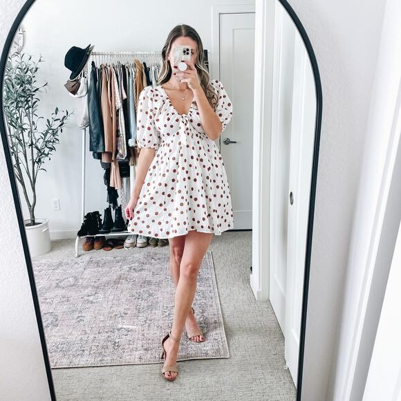 Abercrombie White Brown Polka Dot Puff Sleeve Mini Dress - Picture 2 of 13